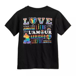 Disney Pride Kids 2T Love Multi-Language Black Tee LGBTQ+ Support Rainbow New